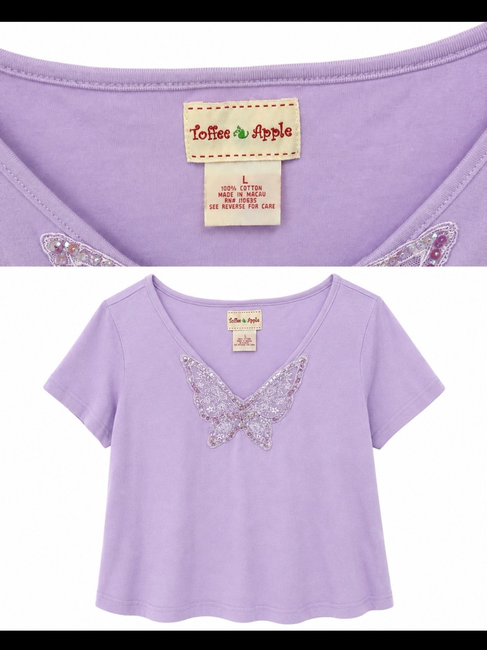 Toffee Apple Lavender Short Sleeve Tee with Sequin Butterfly